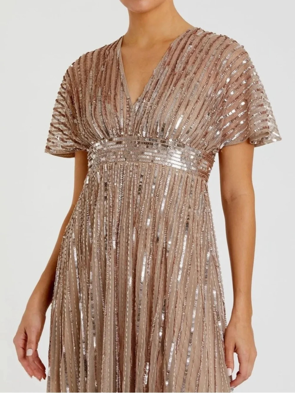 Mac Duggal 94204 Beige Embellished Short Sleeve Empire Waist Gown Size 12 NWT